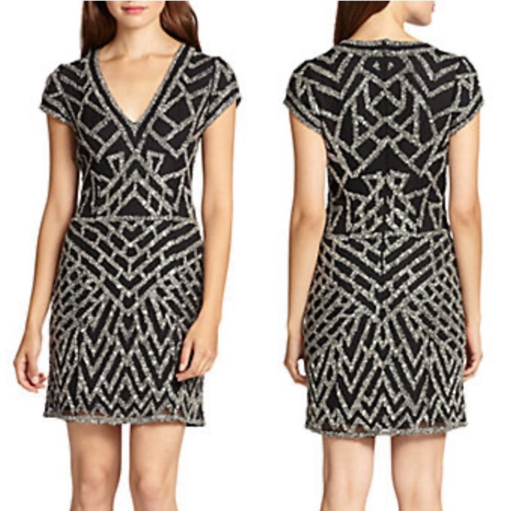Parker Serena Black Heavily Beaded Silk Cocktail Party Mini Dress Size Large